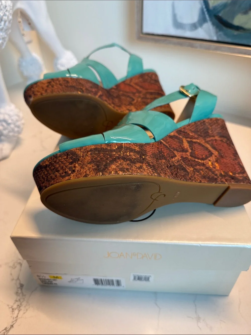 Joan & David Turquoise Patent Leather Wedge Sandals